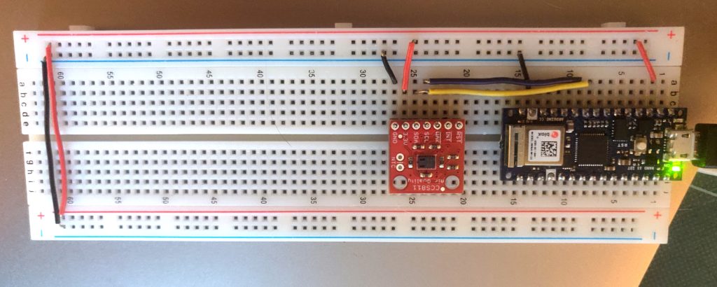 Figure 3. A solderless breadboard with Arduino 33 IoT and CCS811 air quality sensor.